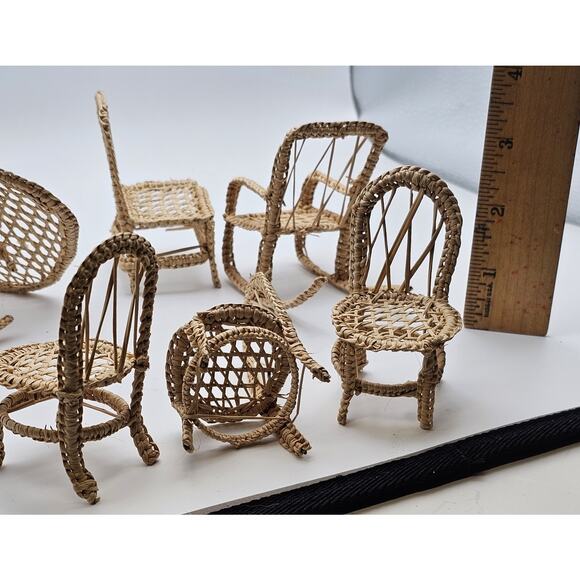 Dollhouse patio kitchen furniture bamboo look chairs bench rocker table mini - Picture 8 of 8
